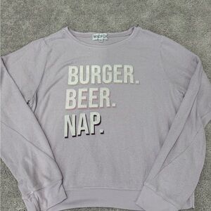 Wildfox women’s Lilac Crewneck Sweatshirt with 'BURGER. BEER. NAP.' Graphic